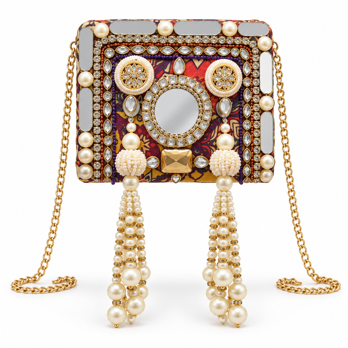 Sheesh Mahal Pearl Mini Clutch | Hand-Embellished Mirror Sling Bag | DEVIQ | MC-1001