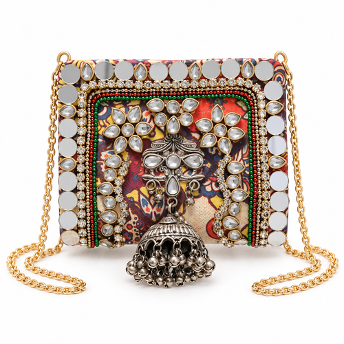 Aaina Jhumka Mini Clutch | Multicolour Hand-Embellished Mirror Sling Bag | DEVIQ | MC-1002
