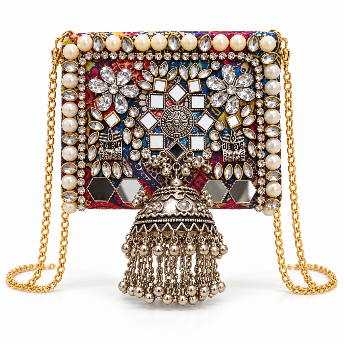 Gul Jharokha Mini Clutch | Mirror & Jhumka Hand-Embellished Sling Bag | DEVIQ | MC-1003