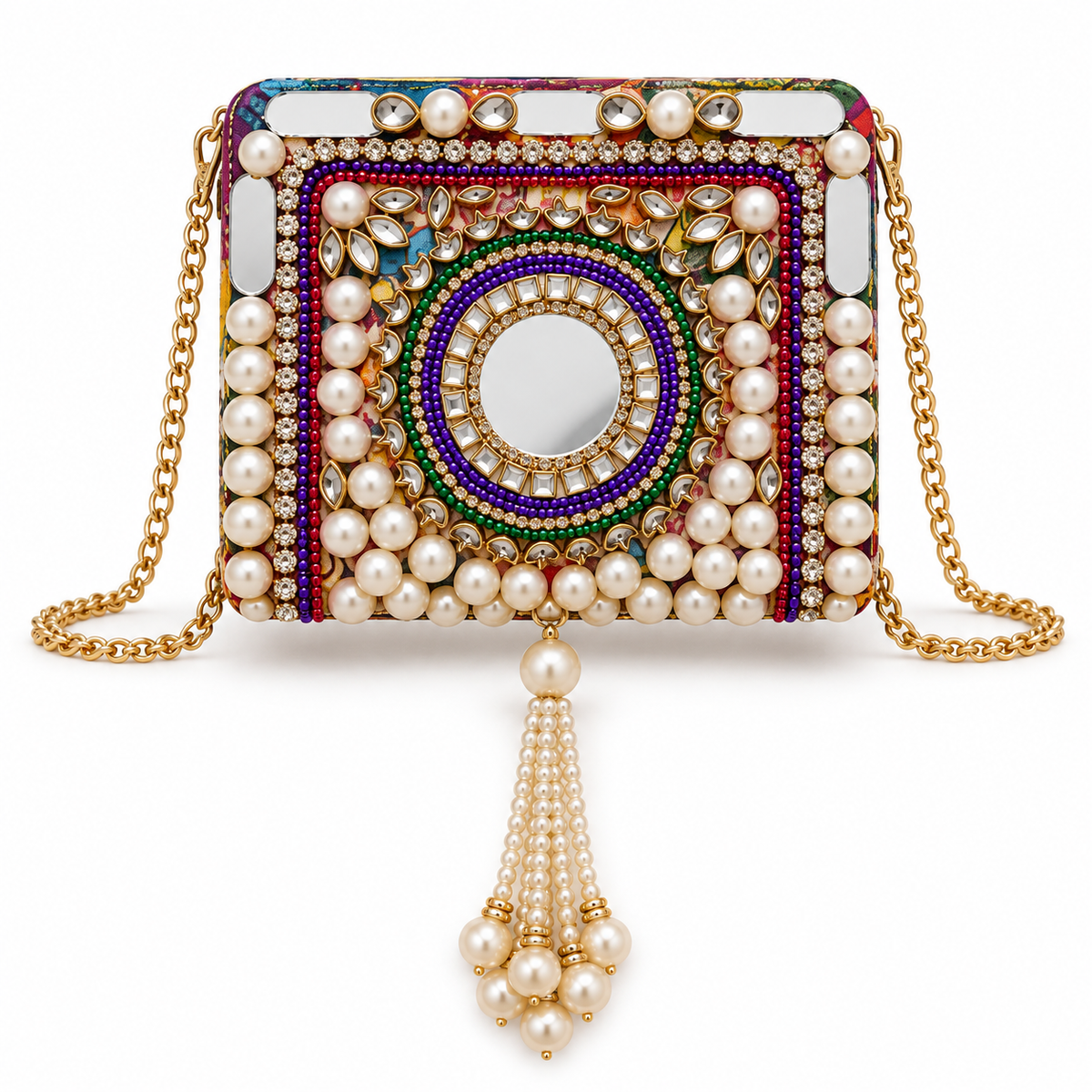 Moti Mahal Mini Clutch | Pearl & Mirror Hand-Embellished Sling Bag | DEVIQ | MC-1004