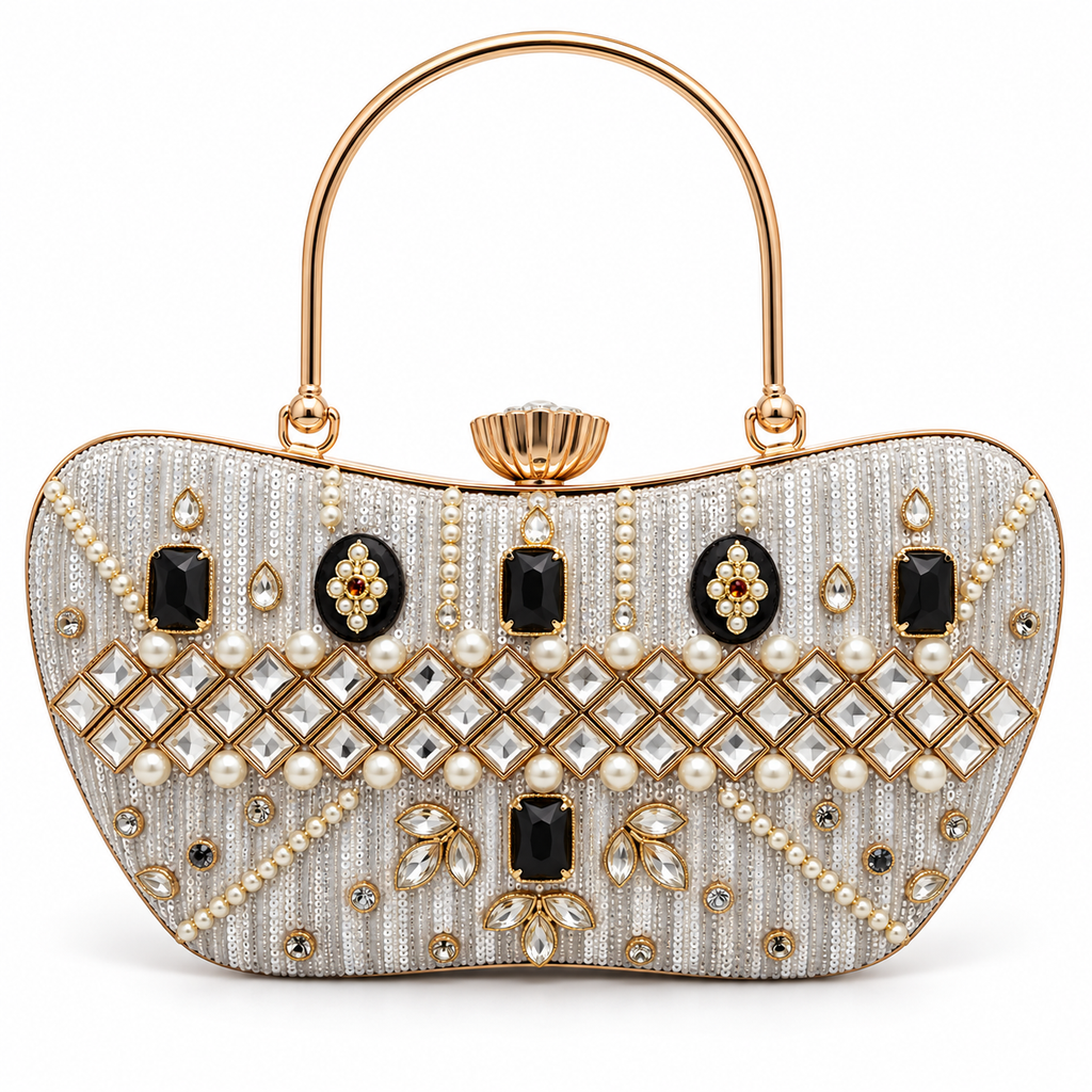Chandni Noir Handbag | Hand-Embellished Mirror & Pearl-Style Top-Handle Bag | DEVIQ | HB-1003