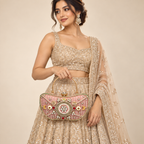 Gulabi Aabha Handbag | Hand-Embellished Floral & Pearl-Style Top-Handle Bag | DEVIQ | HB-1004