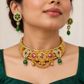 Haritika | Signature Gold-Tone Hasli Choker & Green Drop Earrings Set | DEVIQ | JS-1028