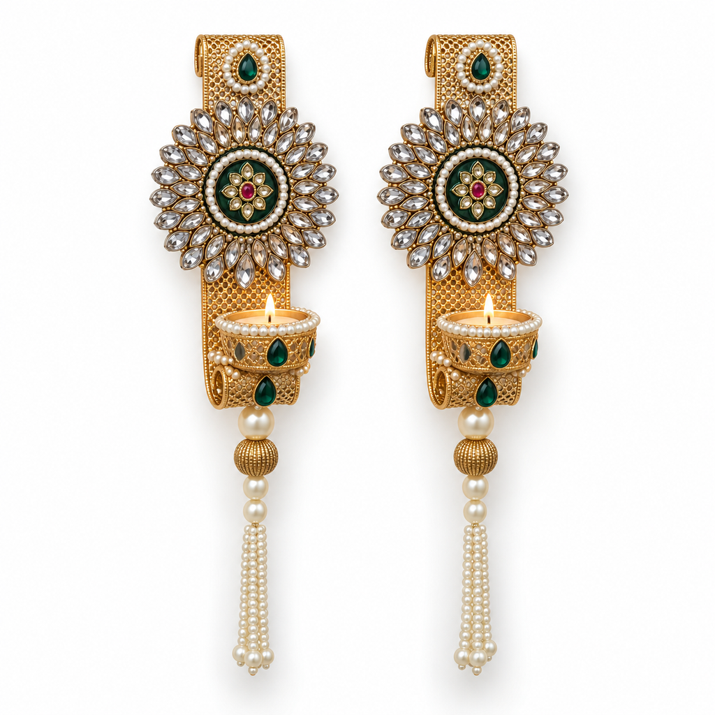 Harit Prabha | Handcrafted Emerald Wall Candle Holders – Set of 2 | DEVIQ | WH-1001