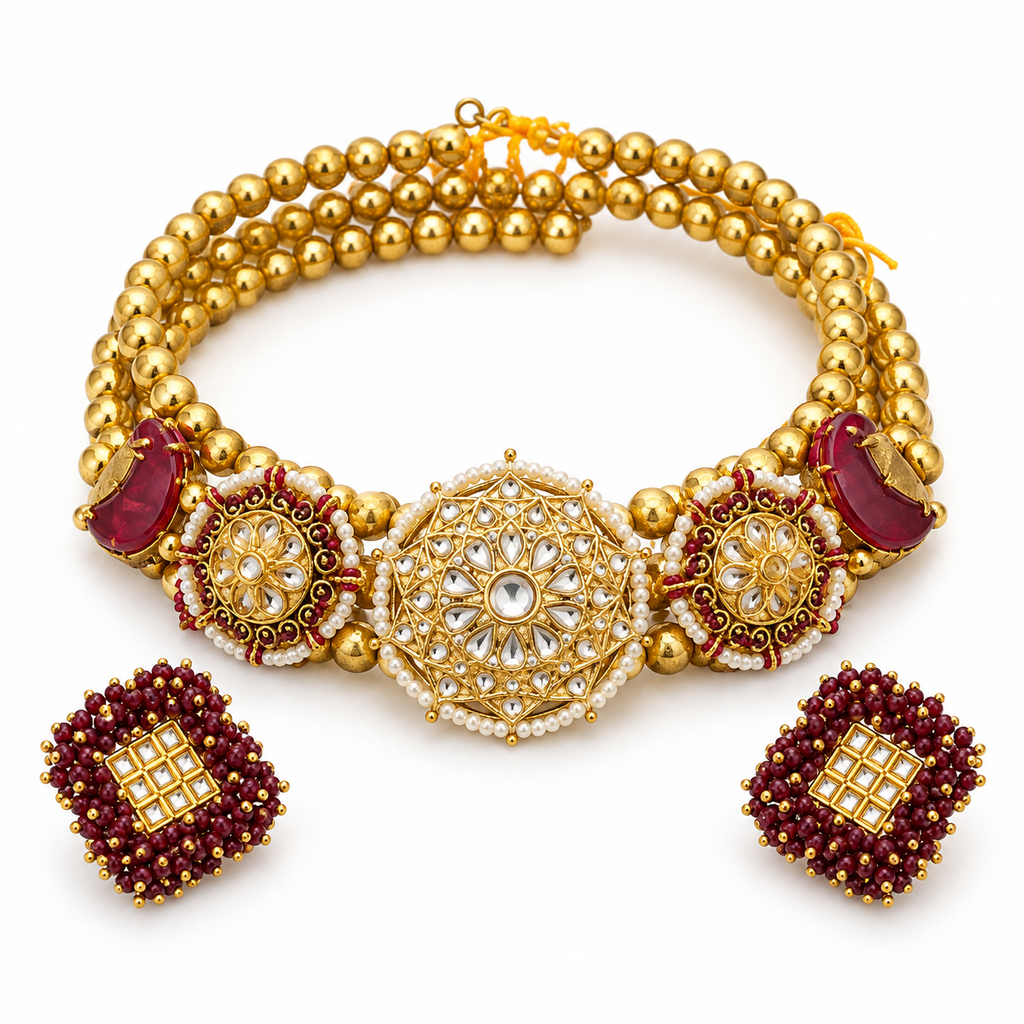 Mehrnaz | Signature Maroon & Gold-Tone Hasli Choker Set | DEVIQ | JS-1031