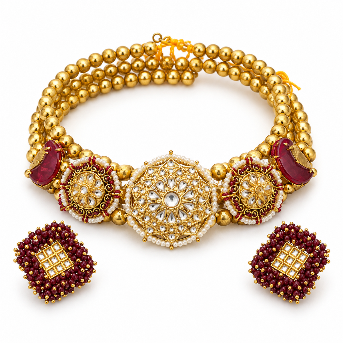 Mehrnaz | Signature Maroon & Gold-Tone Hasli Choker Set | DEVIQ | JS-1031