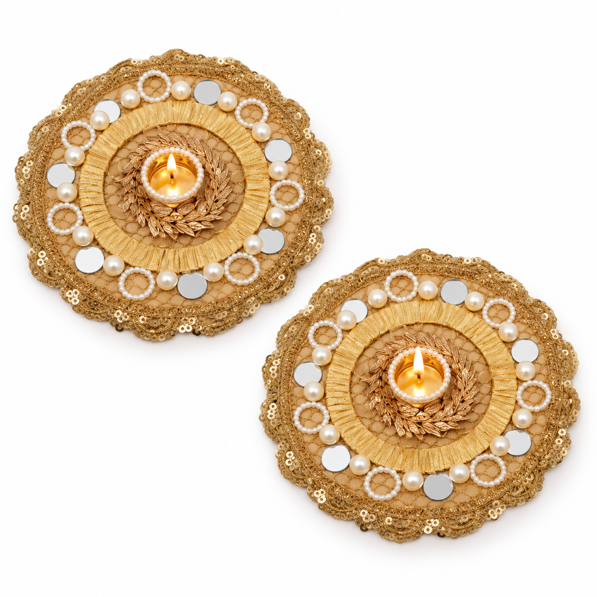 Hemjyoti | Handcrafted Gold & Pearl-Style Diya Holders – Set of 2 | DEVIQ | CH-1015