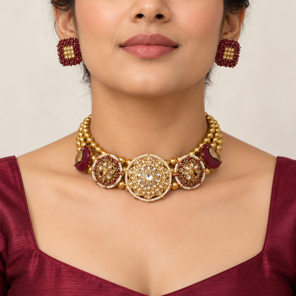 Mehrnaz | Signature Maroon & Gold-Tone Hasli Choker Set | DEVIQ | JS-1031