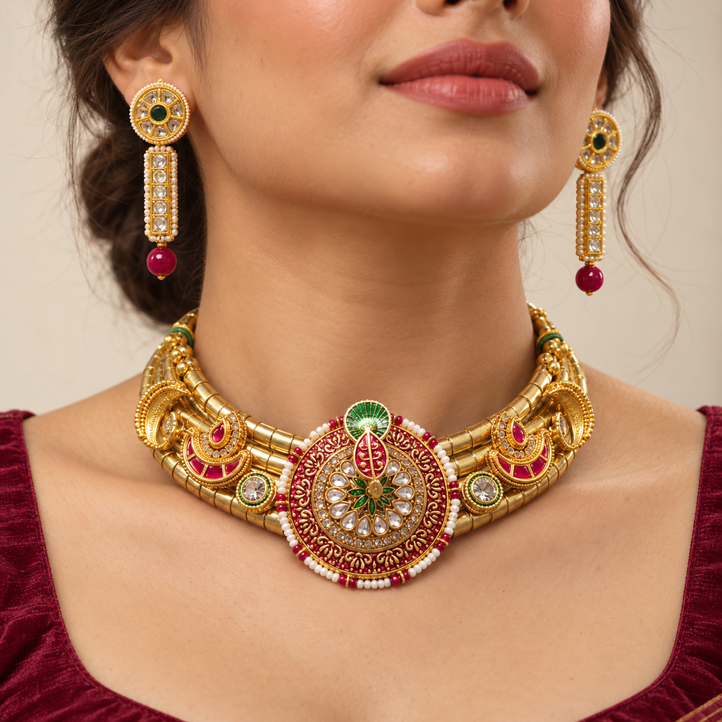 Mayurika | Signature Gold-Tone Hasli Choker & Earrings Set | DEVIQ | JS-1027