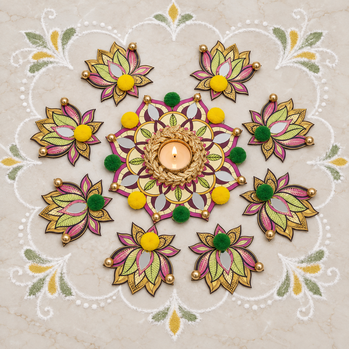 Kusumika | Handcrafted Lotus Rangoli Diya Set – 9 Pieces | DEVIQ | CH-1022