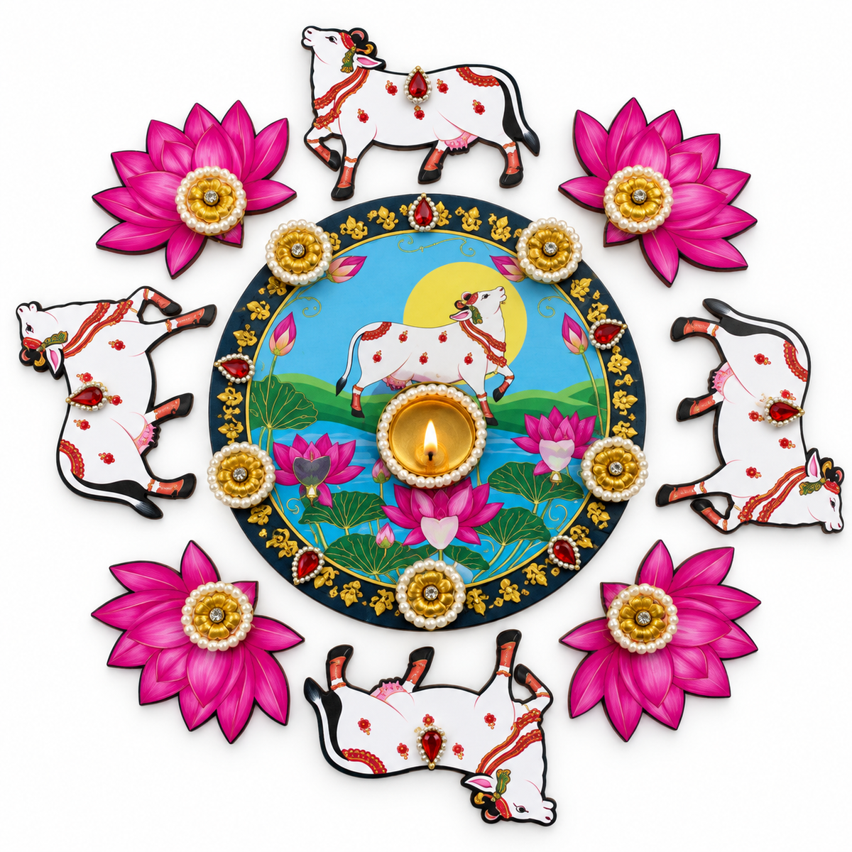 Surabhi | Exclusive Handcrafted Cow & Lotus Rangoli Diya Set – 9 Pieces | DEVIQ | CH-1018