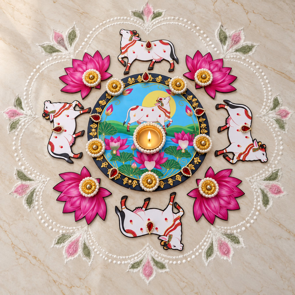 Surabhi | Exclusive Handcrafted Cow & Lotus Rangoli Diya Set – 9 Pieces | DEVIQ | CH-1018