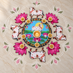 Surabhi | Exclusive Handcrafted Cow & Lotus Rangoli Diya Set – 9 Pieces | DEVIQ | CH-1018