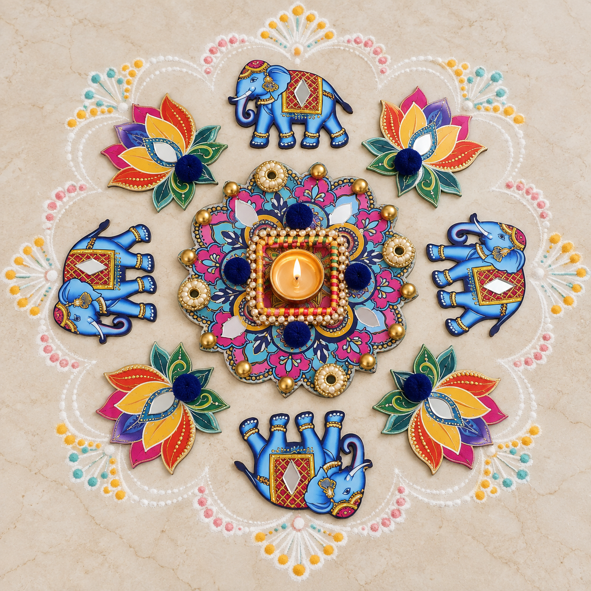 Gajotsav | Handcrafted Elephant & Lotus Rangoli Diya Set – 9 Pieces | DEVIQ | CH-1021