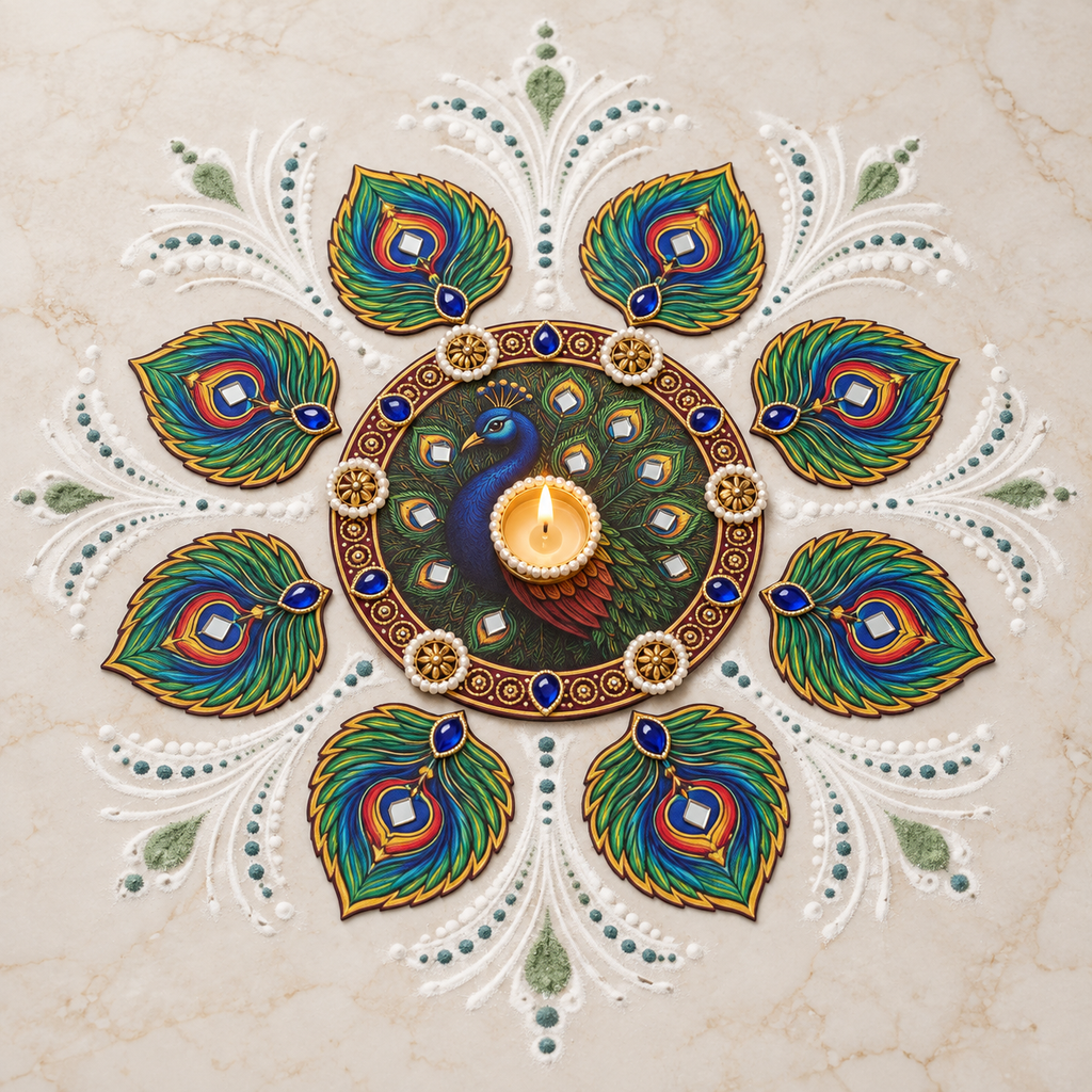 Mayurmani | Handcrafted Peacock Rangoli Diya Set – 9 Pieces | DEVIQ | CH-1020