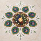 Mayurmani | Handcrafted Peacock Rangoli Diya Set – 9 Pieces | DEVIQ | CH-1020