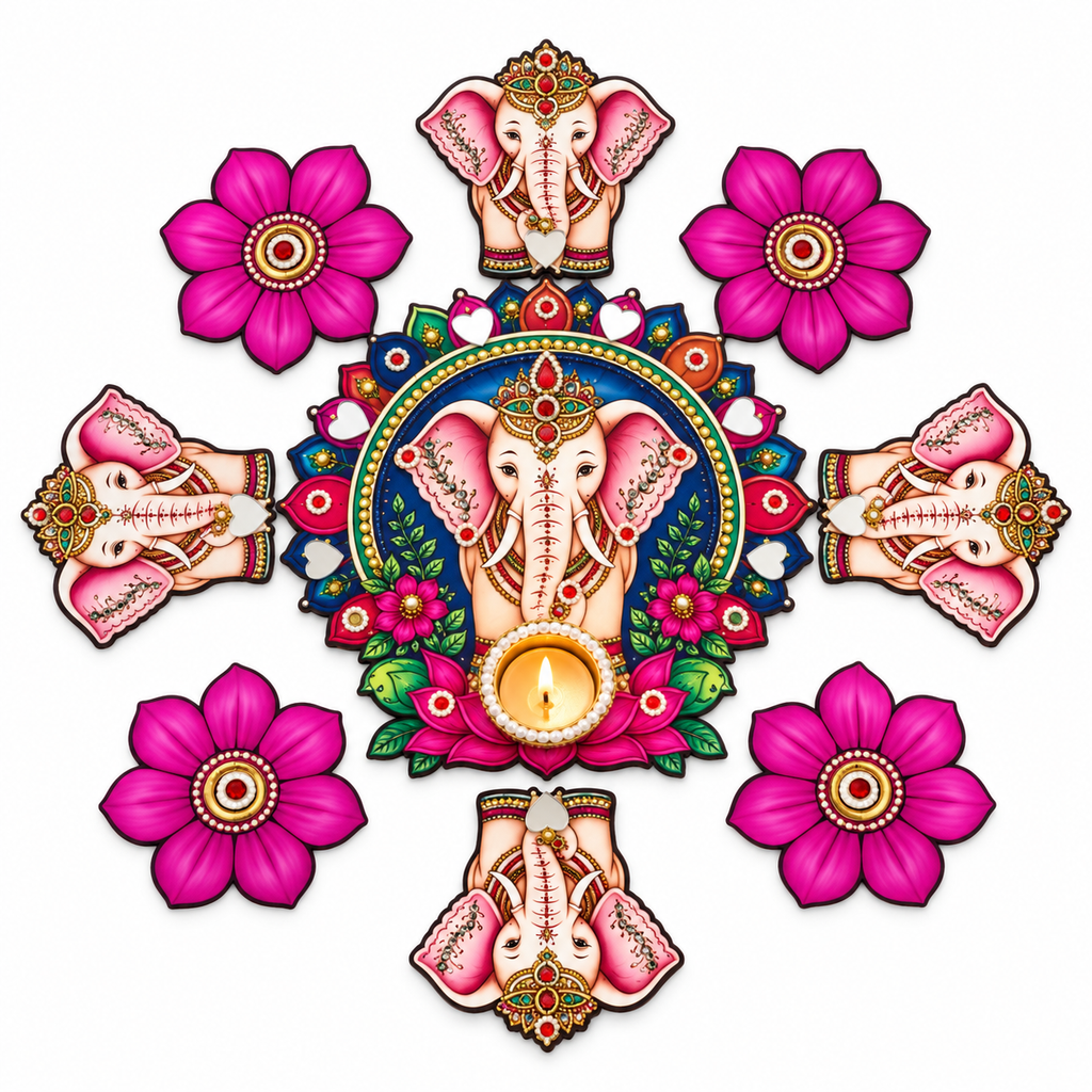 Sumukh | Handcrafted Ganesha Rangoli Diya Set – 9 Pieces | DEVIQ | CH-1019