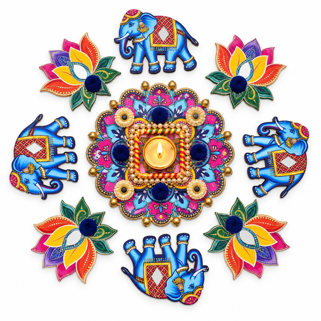 Gajotsav | Handcrafted Elephant & Lotus Rangoli Diya Set – 9 Pieces | DEVIQ | CH-1021