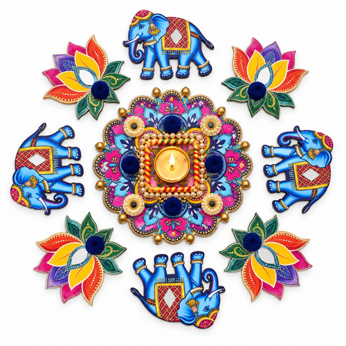 Gajotsav | Handcrafted Elephant & Lotus Rangoli Diya Set – 9 Pieces | DEVIQ | CH-1021