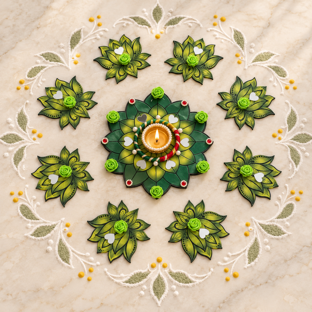 Haritkamal | Handcrafted Green Lotus Rangoli & Diya Holder – 9-Piece Set | DEVIQ | CH-1011
