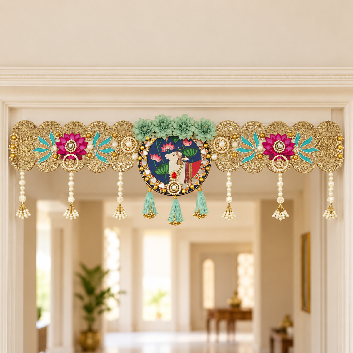 Vrindavan | Handcrafted Lotus & Cow Motif Bandarwal | DEVIQ | BW-1010
