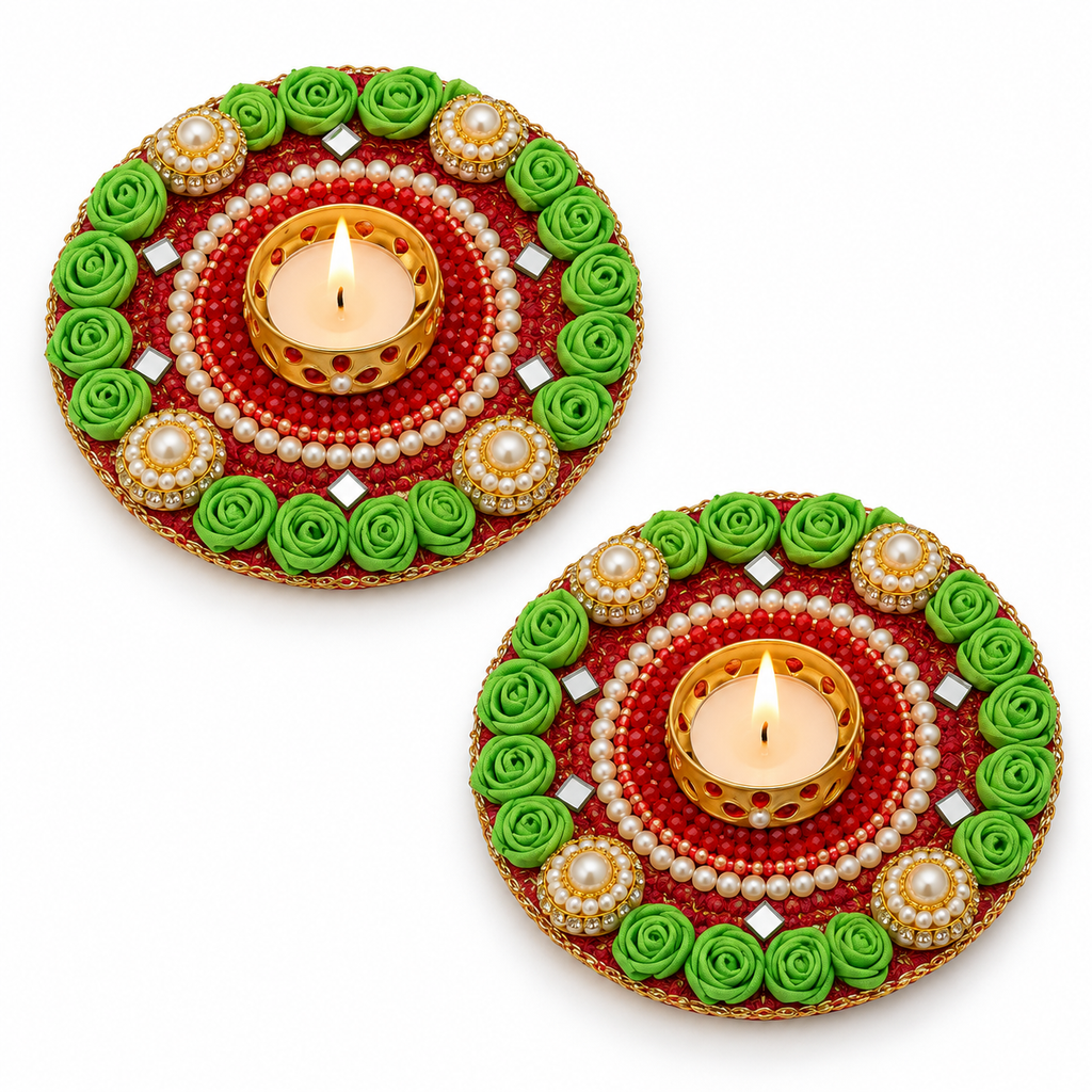 Rangdeep | Handcrafted Floral Rangoli Tealight Holders – Set of 2 | DEVIQ | CH-1004