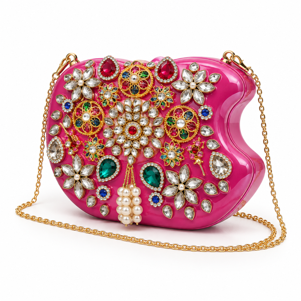 Gulnaar Wedding Bag | Pink Hand-Embellished Apple-Shaped Sling | DEVIQ | WB-1004