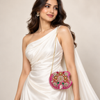Gulnaar Wedding Bag | Pink Hand-Embellished Apple-Shaped Sling | DEVIQ | WB-1004