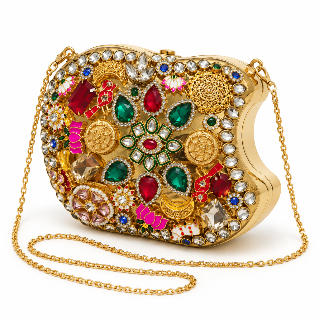 Rajtara Wedding Bag | Gold-Tone Hand-Embellished Apple-Shaped Sling | DEVIQ | WB-1005