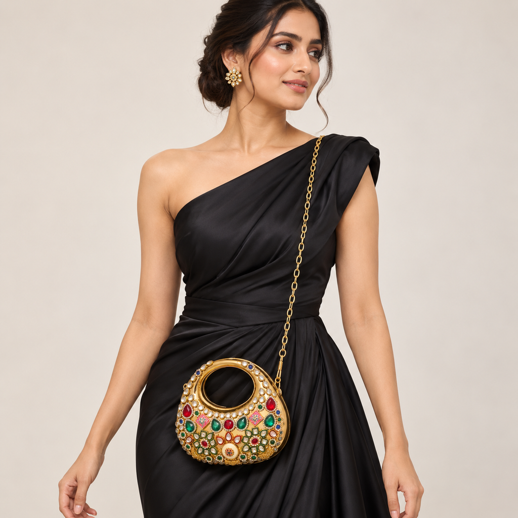 Kanak Jharokha Wedding Bag | Gold-Tone Hand-Embellished Sling | DEVIQ | WB-1008