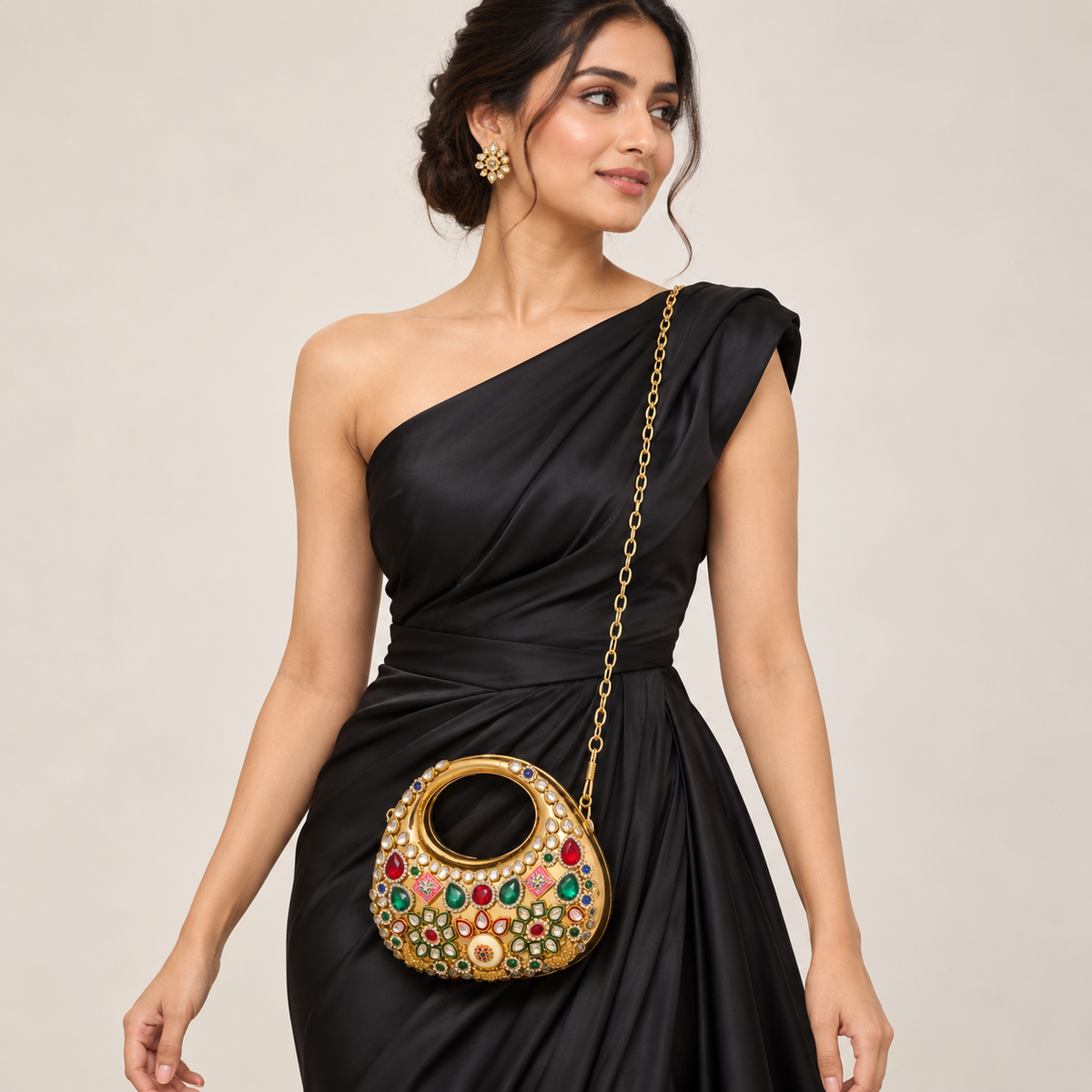 Kanak Jharokha Wedding Bag | Gold-Tone Hand-Embellished Sling | DEVIQ | WB-1008