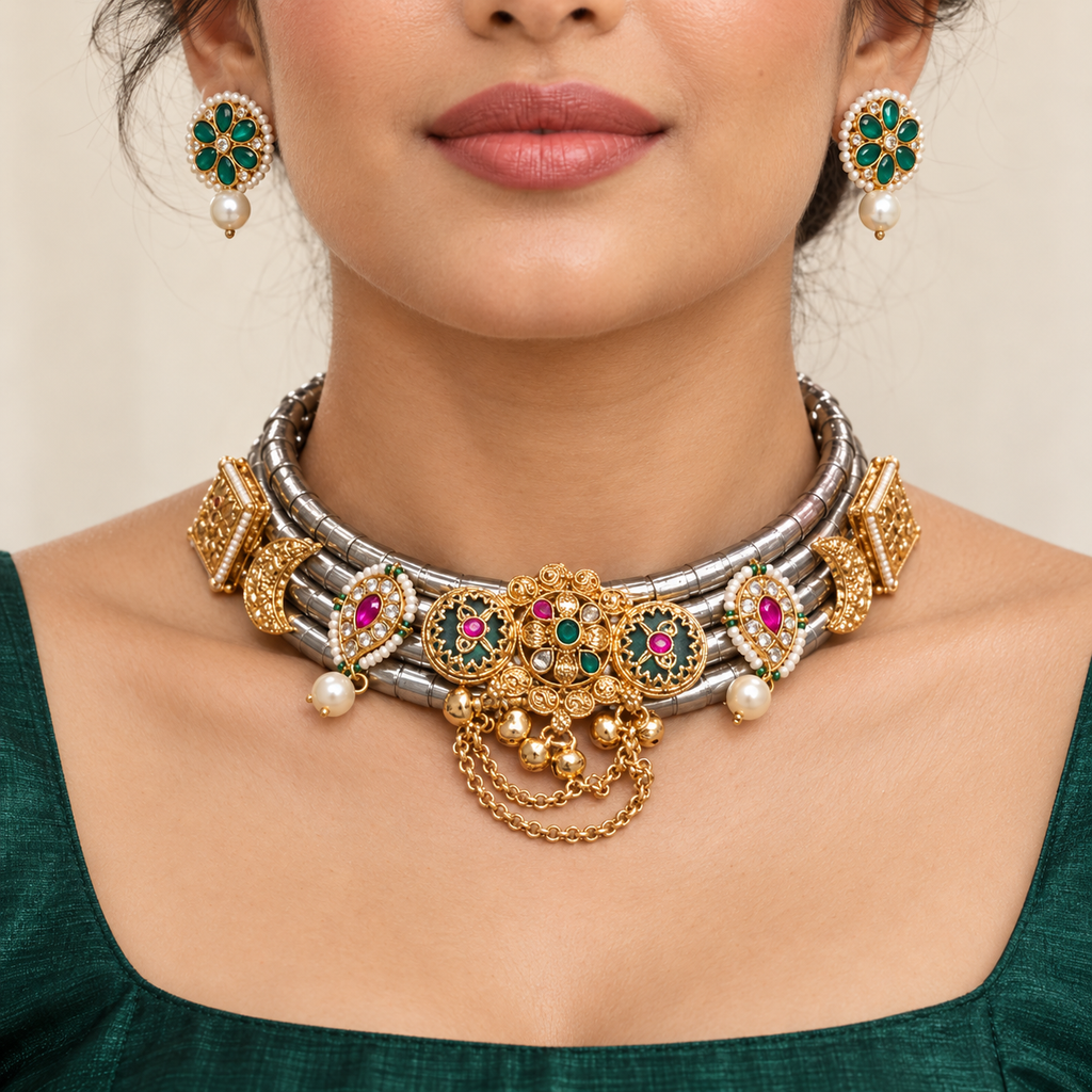 Ruhani | Signature Dual-Tone Hasli Choker & Earrings Set | DEVIQ | JS-1032