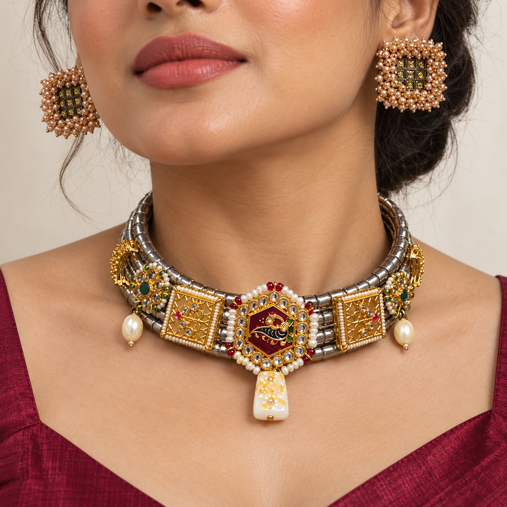 Rajmudra | Signature Dual-Tone Hasli Choker & Earrings Set | DEVIQ | JS-1030