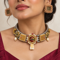 Rajmudra | Signature Dual-Tone Hasli Choker & Earrings Set | DEVIQ | JS-1030