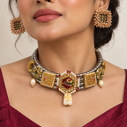 Rajmudra | Signature Dual-Tone Hasli Choker & Earrings Set | DEVIQ | JS-1030