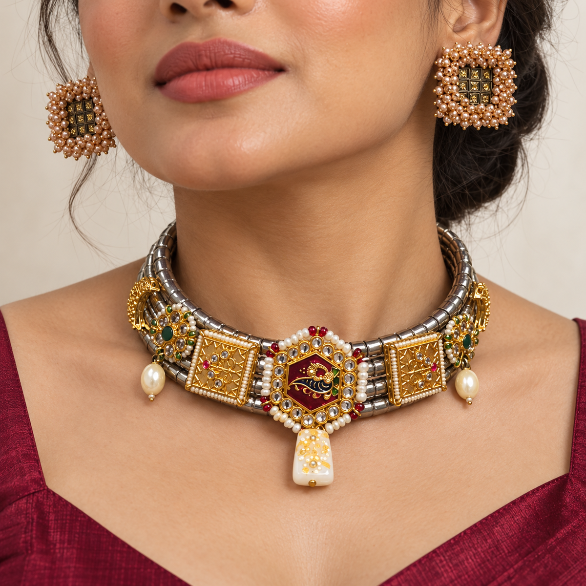 Rajmudra | Signature Dual-Tone Hasli Choker & Earrings Set | DEVIQ | JS-1030