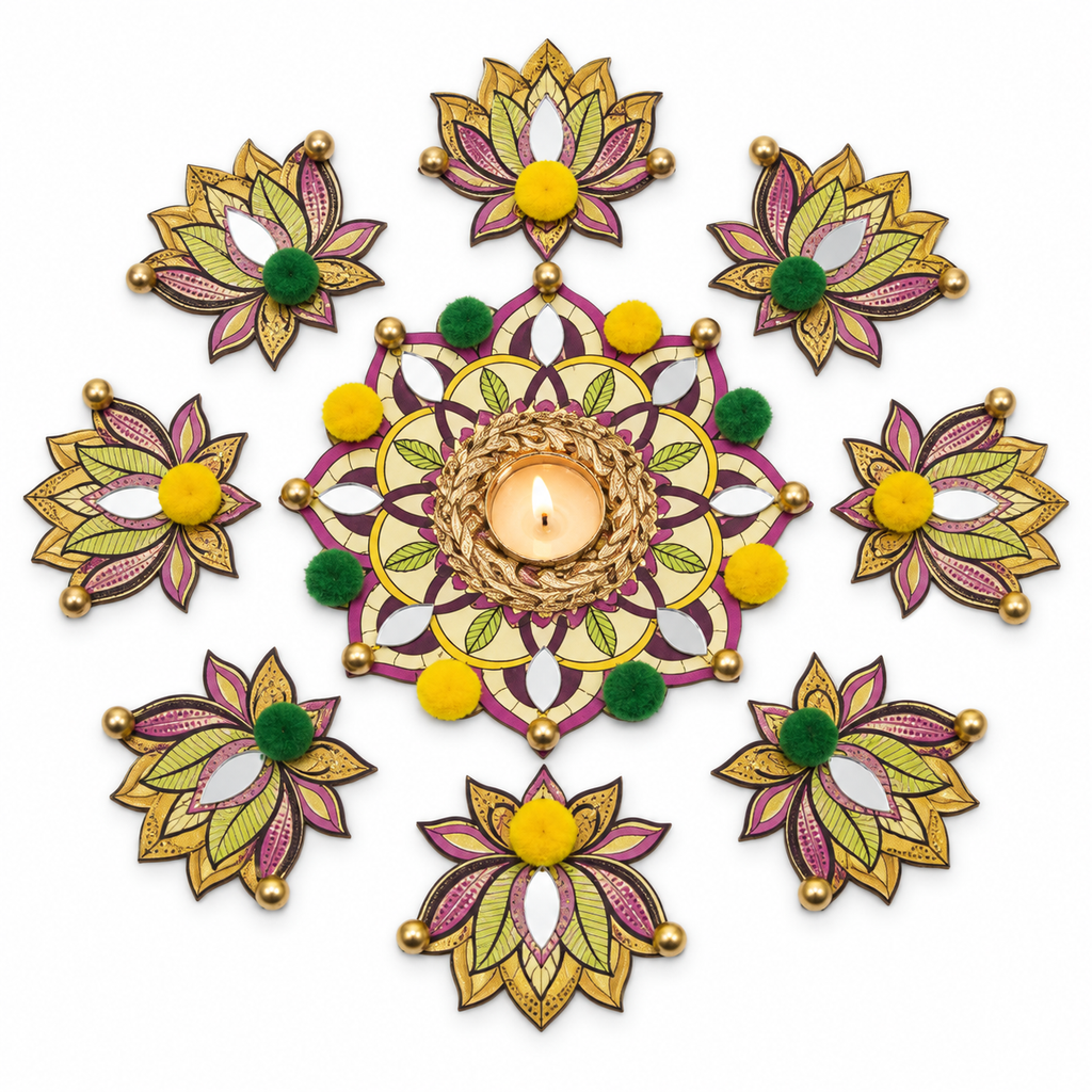 Kusumika | Handcrafted Lotus Rangoli Diya Set – 9 Pieces | DEVIQ | CH-1022