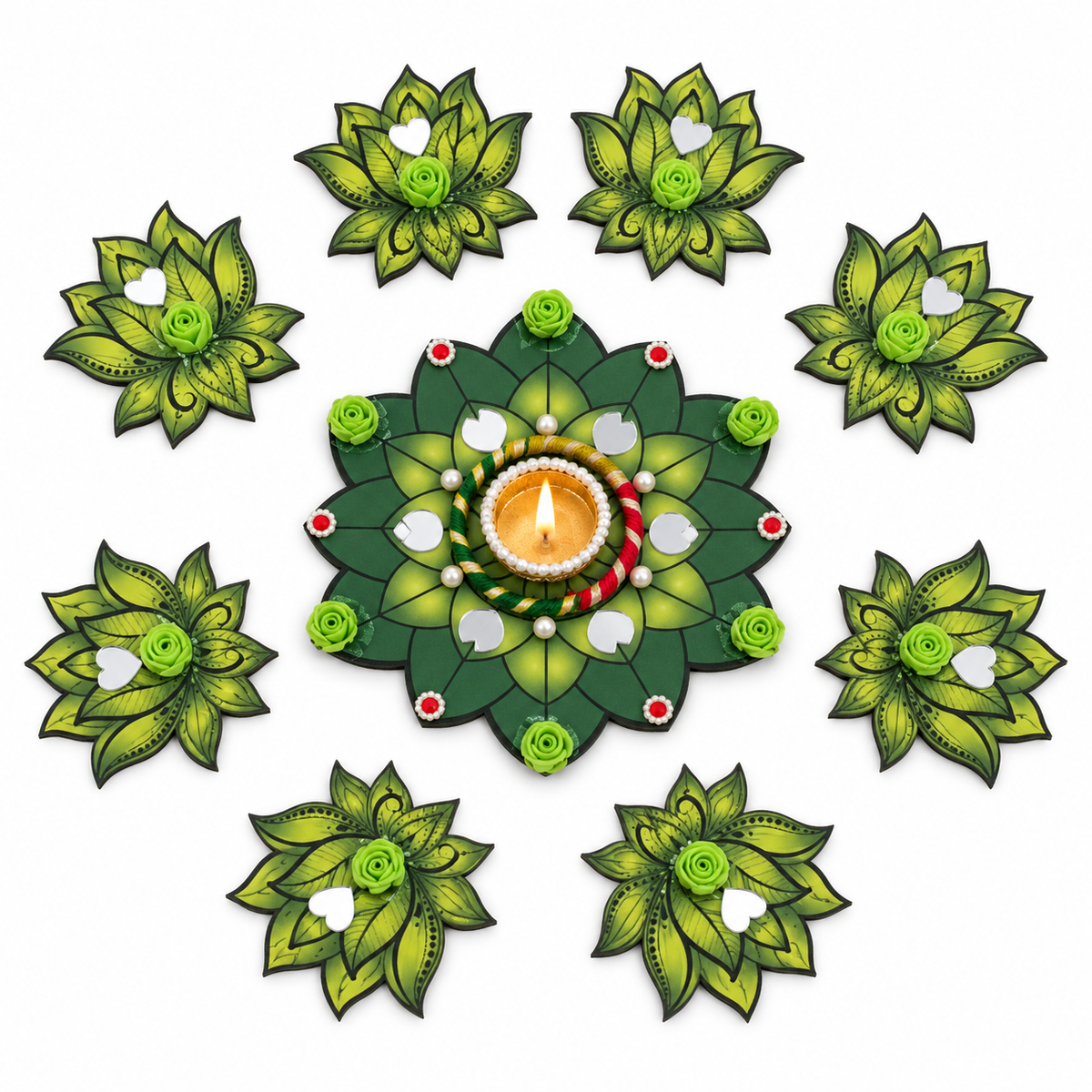 Haritkamal | Handcrafted Green Lotus Rangoli & Diya Holder – 9-Piece Set | DEVIQ | CH-1011