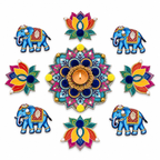 Gajpadma | Handcrafted Elephant & Lotus Rangoli Diya Holder – 9-Piece Set | DEVIQ | CH-1006