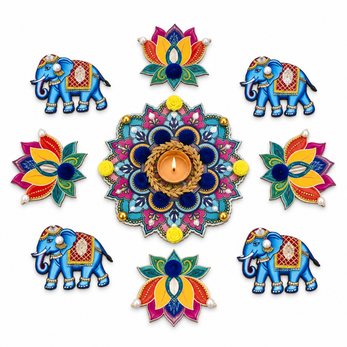 Gajpadma | Handcrafted Elephant & Lotus Rangoli Diya Holder – 9-Piece Set | DEVIQ | CH-1006