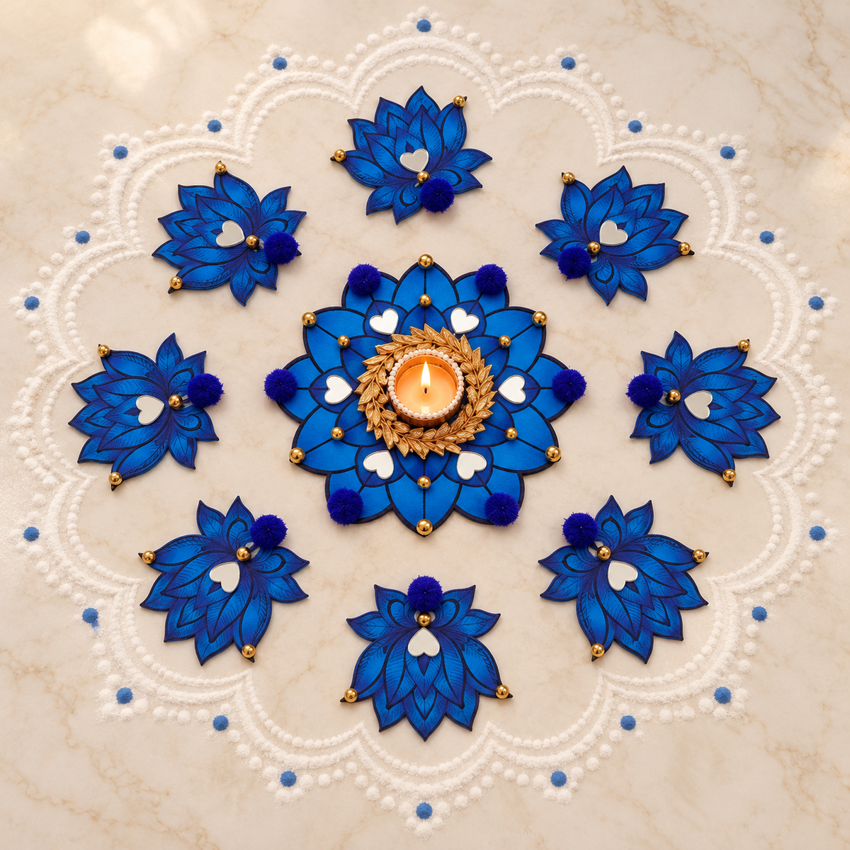 Neelkamal | Handcrafted Blue Lotus Rangoli & Diya Holder – 9-Piece Set | DEVIQ | CH-1008