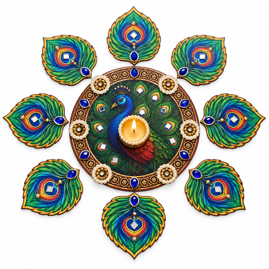 Mayurmani | Handcrafted Peacock Rangoli Diya Set – 9 Pieces | DEVIQ | CH-1020