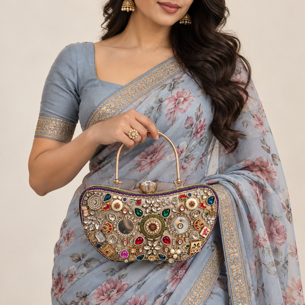 Ratna Mahal Handbag | Hand-Embellished Mirror & Stone Top-Handle Bag | DEVIQ | HB-1001