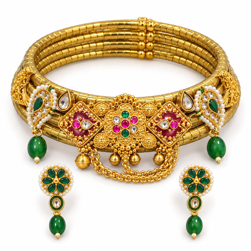 Haritika | Signature Gold-Tone Hasli Choker & Green Drop Earrings Set | DEVIQ | JS-1028