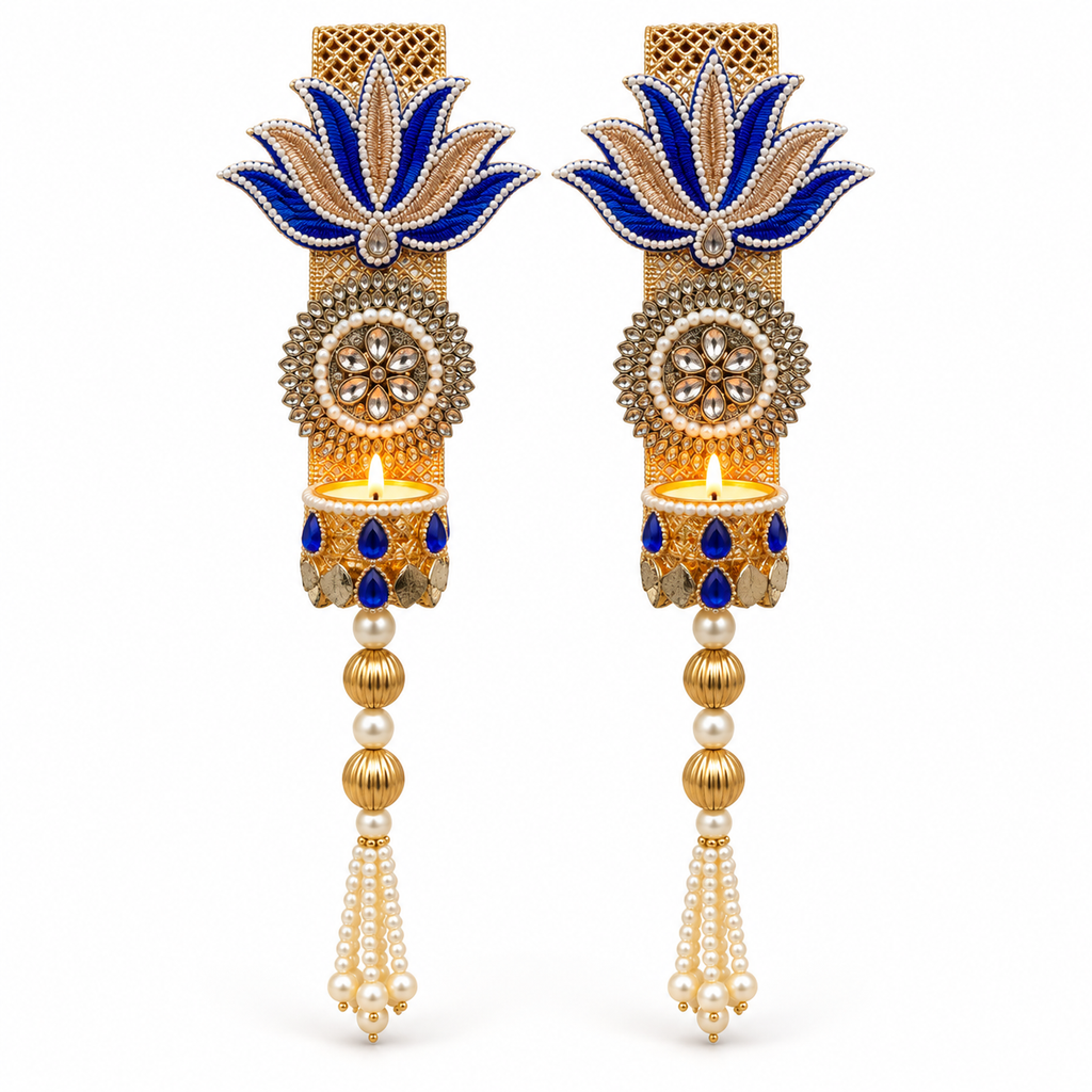 Neel Prabha | Blue Lotus Wall Candle Holders – Set of 2 | 4″ × 14″ | DEVIQ | WH-1004