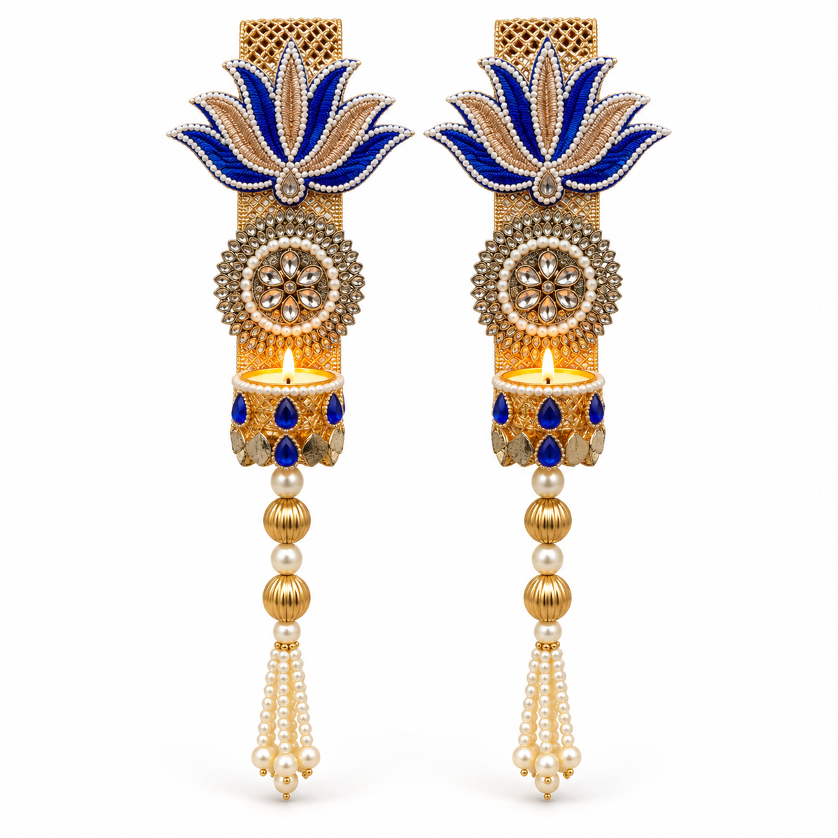 Neel Prabha | Blue Lotus Wall Candle Holders – Set of 2 | 4″ × 14″ | DEVIQ | WH-1004