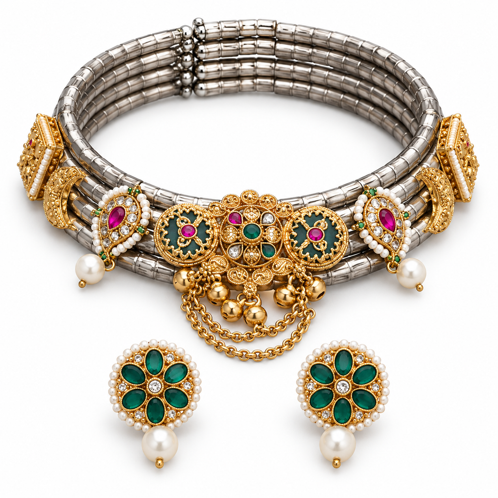 Ruhani | Signature Dual-Tone Hasli Choker & Earrings Set | DEVIQ | JS-1032