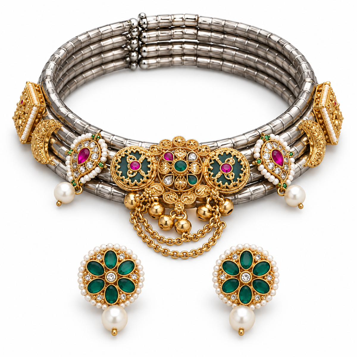 Ruhani | Signature Dual-Tone Hasli Choker & Earrings Set | DEVIQ | JS-1032