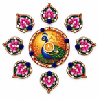 Mayurpadma | Handcrafted Peacock & Lotus Rangoli Diya Holder – 9-Piece Set | DEVIQ | CH-1012