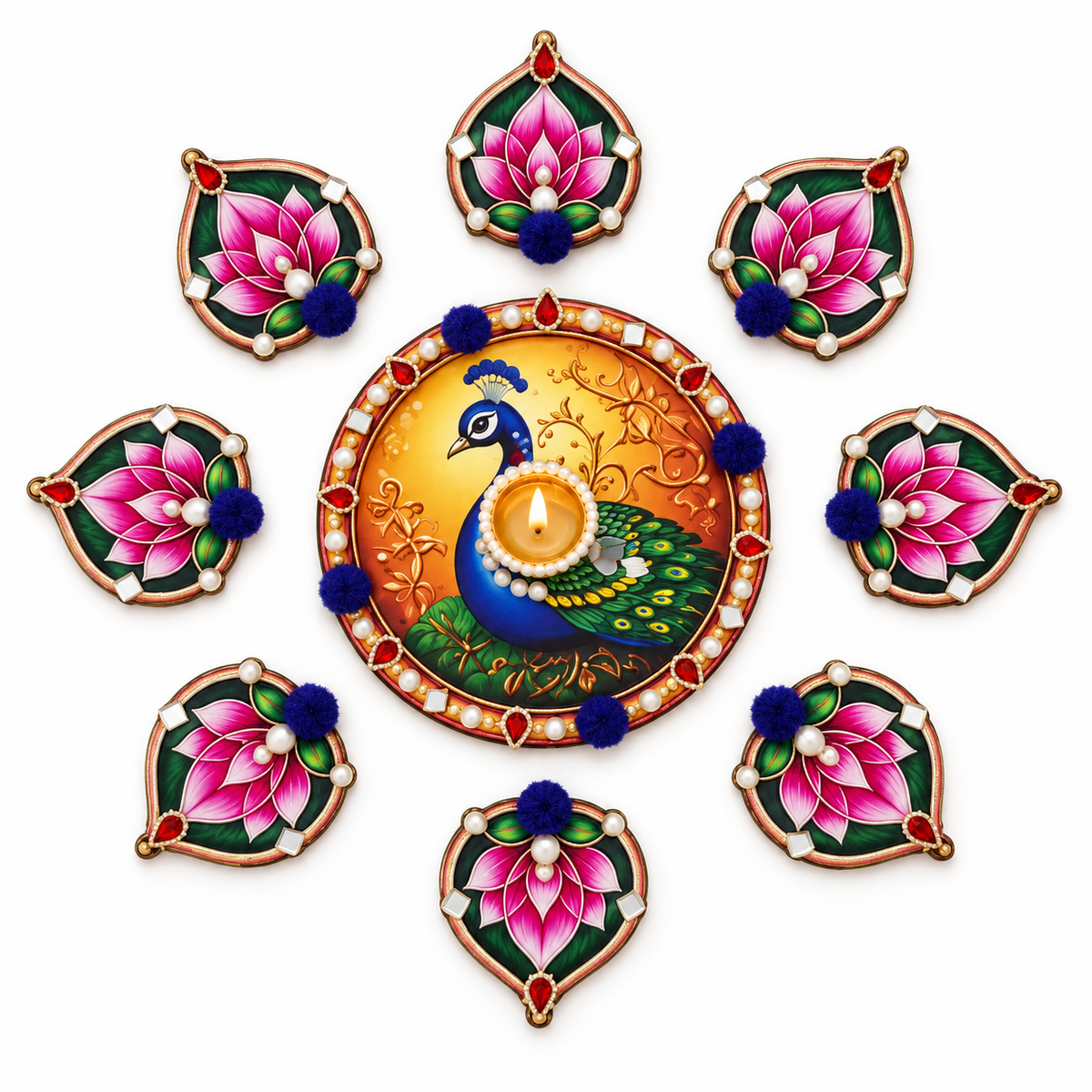 Mayurpadma | Handcrafted Peacock & Lotus Rangoli Diya Holder – 9-Piece Set | DEVIQ | CH-1012